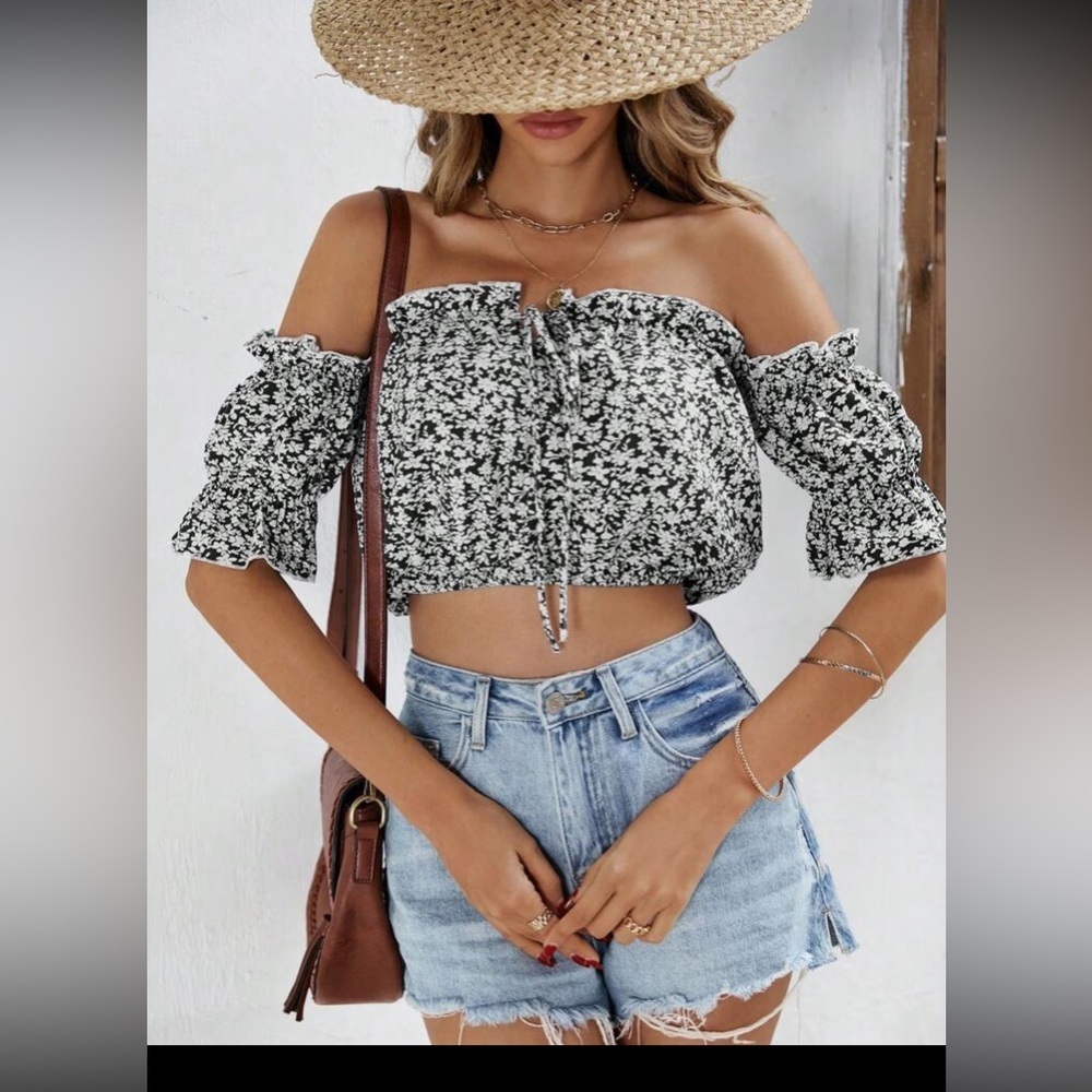 SHEIN VCAY Ditsy Floral Print Off Shoulder Frill Trim Tie Front Crop Blouse L - Picture 7 of 16
